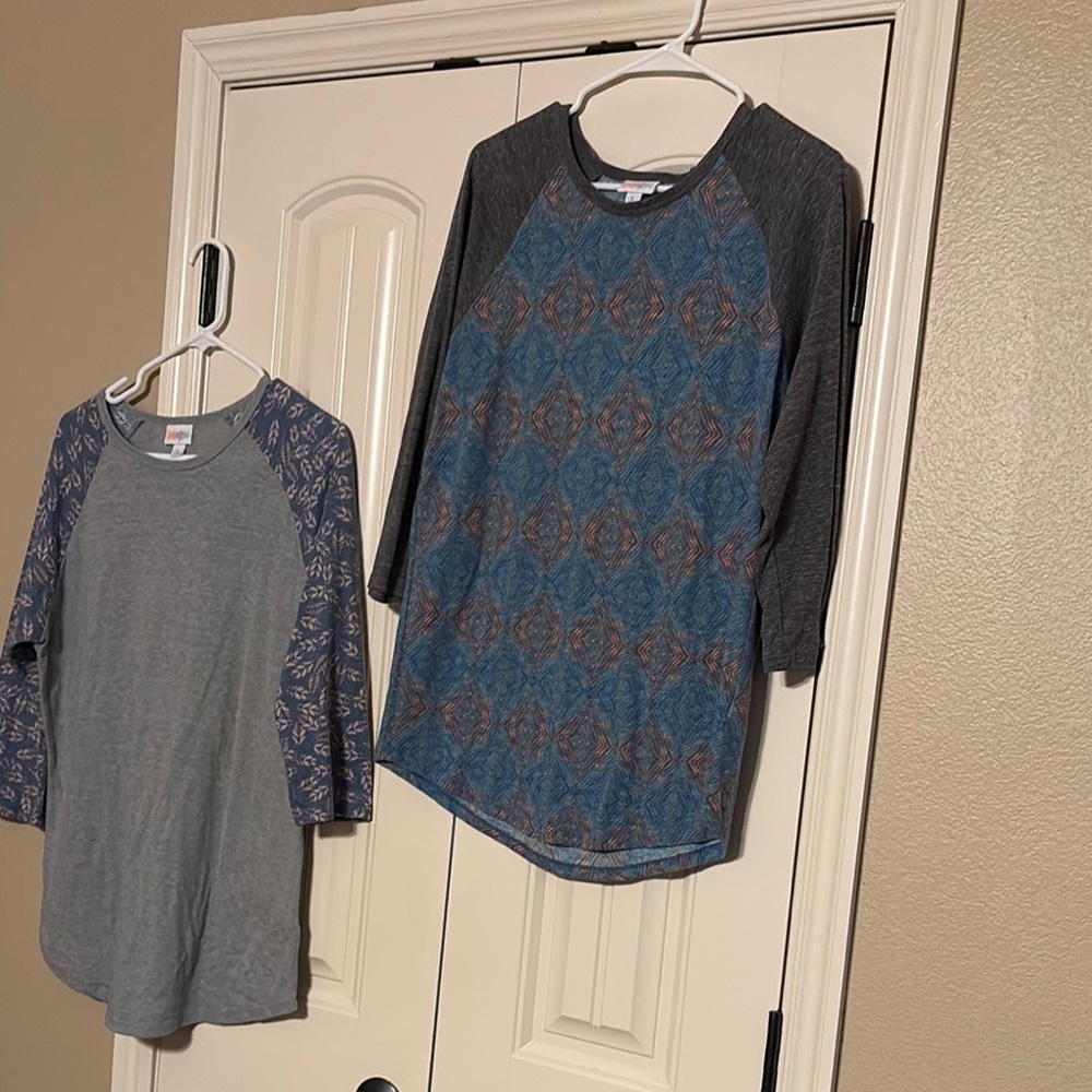 2-LuLaRoe Randy Blue Pattern and Gray Sleeves